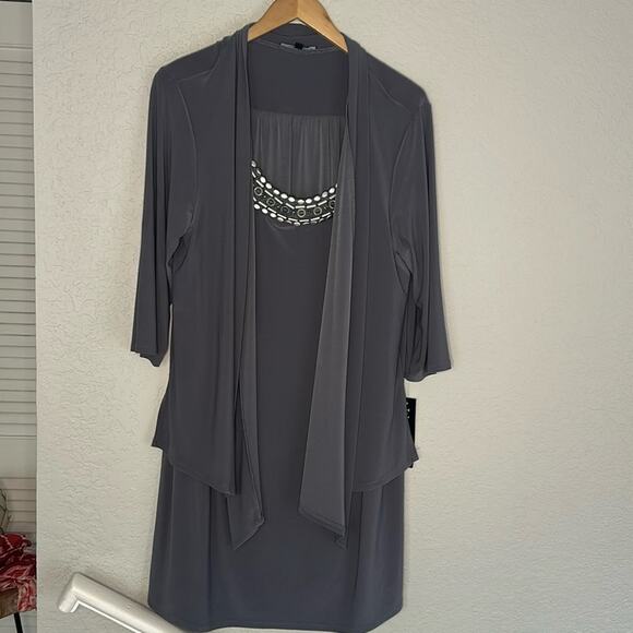 NEW Tiana B Cocktail Dress Embellished Grey Silver Stones Stretch Jacket Overlay - Picture 1 of 10